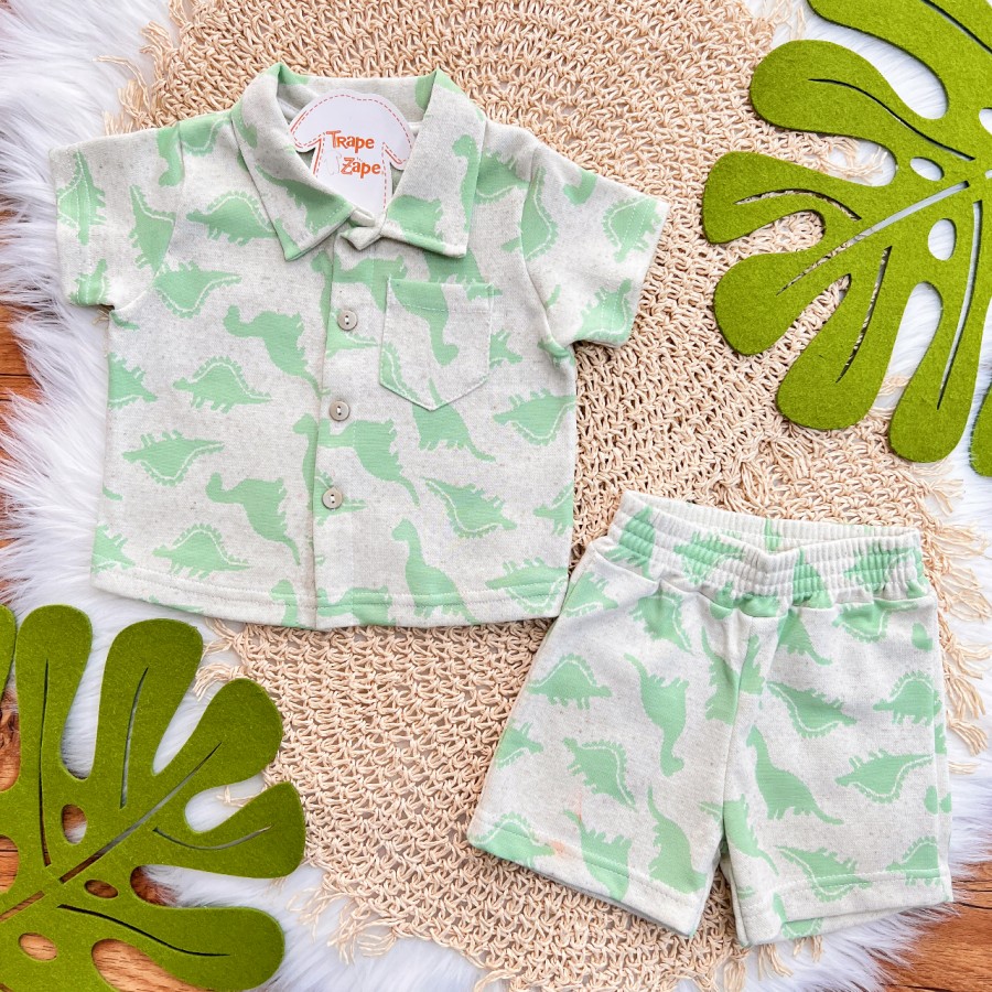 Conj. Camisa e Bermuda em Linho Dinos - Areia e Verde